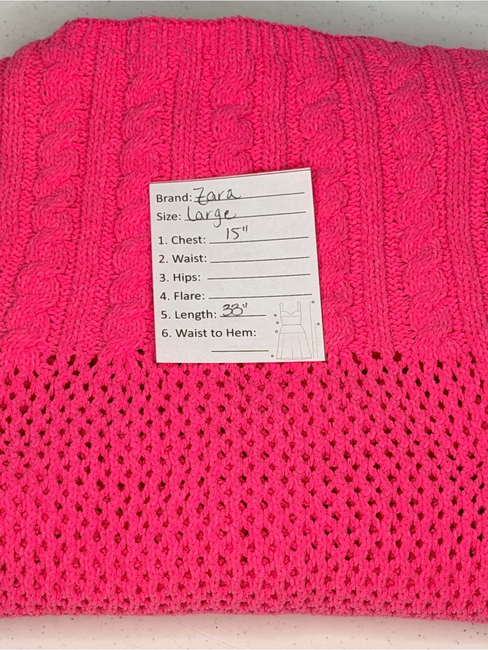 ZARA Hot Pink Crochet Cable Knit Mini Dress Size Large Square Neck Barbiecore - Picture 11 of 11